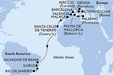 Španělsko, Francie, Itálie, Brazílie z Barcelony na lodi MSC Seaview