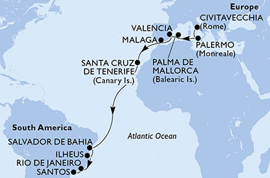 Itálie, Španělsko, Brazílie z Civitavecchia na lodi MSC Seaview