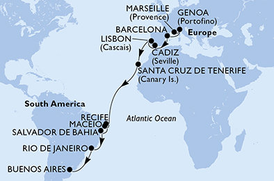 Francie, Itálie, Španělsko, Portugalsko, Brazílie, Argentina z Marseille na lodi MSC Musica