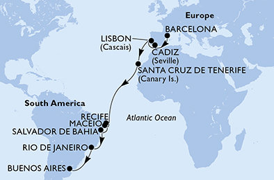 Španělsko, Portugalsko, Brazílie, Argentina z Barcelony na lodi MSC Musica