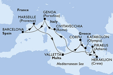 Itálie, Španělsko, Francie, Malta, Řecko z Janova na lodi MSC Poesia