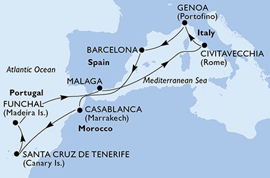 Španělsko, Maroko, Portugalsko, Itálie z Barcelony na lodi MSC Poesia