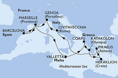 Španělsko, Francie, Malta, Řecko, Itálie z Barcelony na lodi MSC Poesia
