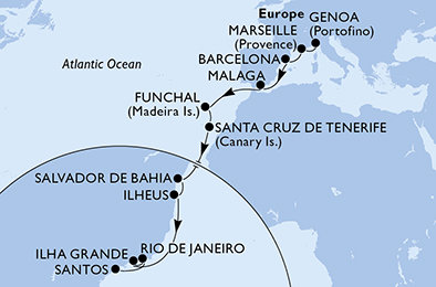 Itálie, Francie, Španělsko, Portugalsko, Brazílie z Janova na lodi MSC Fantasia