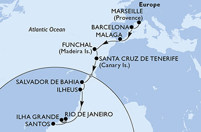 Francie, Španělsko, Portugalsko, Brazílie z Marseille na lodi MSC Fantasia