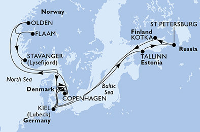 Německo, Dánsko, Norsko, Estonsko, Rusko, Finsko z Kielu na lodi MSC Meraviglia