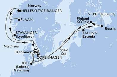 Německo, Dánsko, Estonsko, Rusko, Finsko, Norsko z Kielu na lodi MSC Meraviglia
