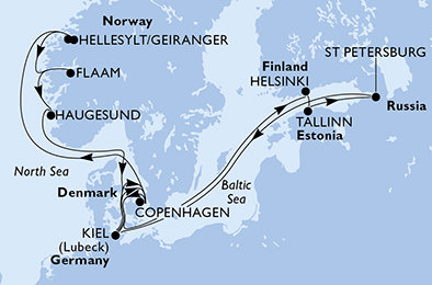Německo, Dánsko, Finsko, Estonsko, Rusko, Norsko z Kielu na lodi MSC Meraviglia