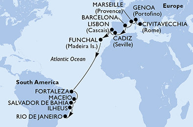Itálie, Francie, Španělsko, Portugalsko, Brazílie z Civitavecchia na lodi MSC Poesia