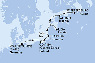 Německo, Polsko, Litva, Lotyšsko, Estonsko, Rusko z Warnemünde na lodi MSC Orchestra
