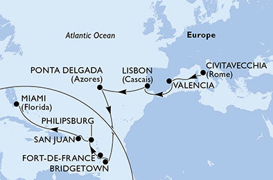 Itálie, Španělsko, Portugalsko, Barbados, Martinik, Svatý Martin, USA z Civitavecchia na lodi MSC Divina