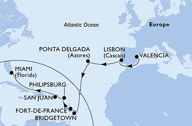 Španělsko, Portugalsko, Barbados, Martinik, Svatý Martin, USA z Valencie na lodi MSC Divina