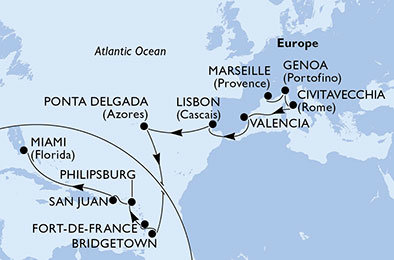 Francie, Itálie, Španělsko, Portugalsko, Barbados, Martinik, Svatý Martin, USA z Marseille na lodi MSC Divina