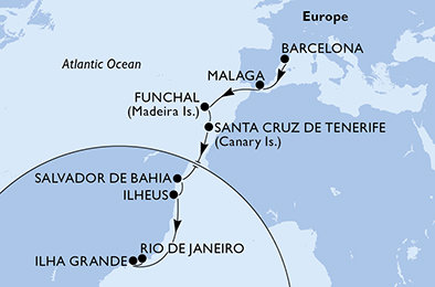 Španělsko, Portugalsko, Brazílie z Barcelony na lodi MSC Fantasia