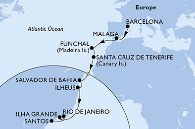 Španělsko, Portugalsko, Brazílie z Barcelony na lodi MSC Fantasia
