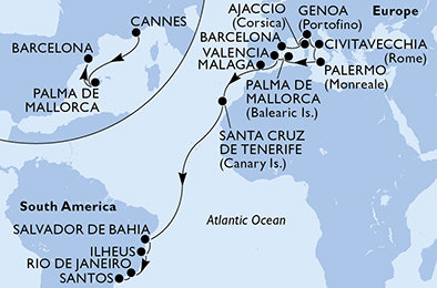 Francie, Španělsko, Itálie, Brazílie z Cannes na lodi MSC Seaview