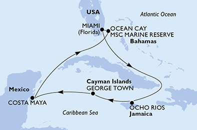 USA, Jamajka, Kajmanské ostrovy, Mexiko, Bahamy z Miami na lodi MSC Meraviglia