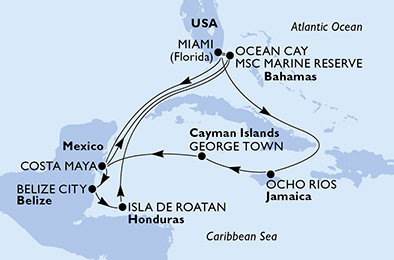 USA, Mexiko, Belize, Honduras, Bahamy, Jamajka, Kajmanské ostrovy z Miami na lodi MSC Meraviglia