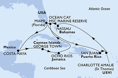 USA, Mexiko, Kajmanské ostrovy, Jamajka, Bahamy z Miami na lodi MSC Seaside