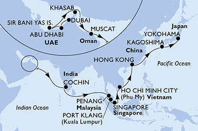 Spojené arabské emiráty, Omán, Indie, Malajsie, Singapur, Vietnam, Čína, Japonsko z Dubaje na lodi MSC Splendida