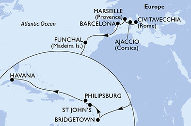Francie, Španělsko, Portugalsko, Barbados, Antigua a Barbuda, Svatý Martin, Kuba z Ajaccia na lodi MSC Opera