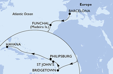 Portugalsko, Barbados, Antigua a Barbuda, Svatý Martin, Kuba z Funchalu na lodi MSC Opera
