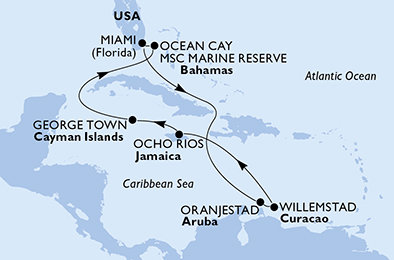 USA, Aruba, Curacao, Jamajka, Kajmanské ostrovy, Bahamy z Miami na lodi MSC Divina