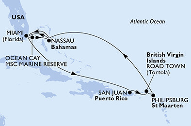 USA, Bahamy, Britské Panenské ostrovy, Svatý Martin z Miami na lodi MSC Divina