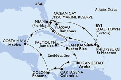 USA, Britské Panenské ostrovy, Svatý Martin, Bahamy, Jamajka, Aruba, Kolumbie, Panama, Mexiko z Miami na lodi MSC Divina