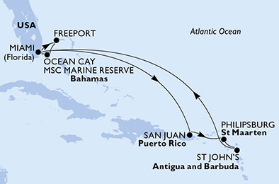 USA, Bahamy, Svatý Martin, Antigua a Barbuda z Miami na lodi MSC Divina