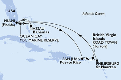 USA, Bahamy, Britské Panenské ostrovy, Svatý Martin z Miami na lodi MSC Divina