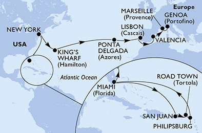 USA, Britské Panenské ostrovy, Svatý Martin, USA - Východní pobřeží, Bermudy, Portugalsko, Španělsko, Francie, Itálie z Miami na lodi MSC Divina
