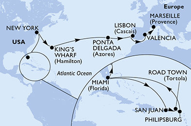 USA, Britské Panenské ostrovy, Svatý Martin, USA - Východní pobřeží, Bermudy, Portugalsko, Španělsko, Francie z Miami na lodi MSC Divina