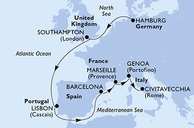 Německo, Velká Británie, Portugalsko, Španělsko, Francie, Itálie z Hamburku na lodi MSC Grandiosa