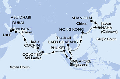 Čína, Japonsko, Thajsko, Singapur, Srí Lanka, Indie, Omán, Spojené arabské emiráty ze Šanghaje na lodi MSC Splendida
