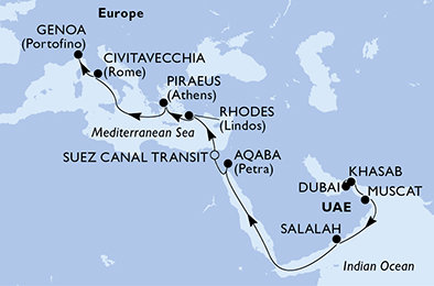 Spojené arabské emiráty, Omán, Jordánsko, Egypt, Řecko, Itálie z Dubaje na lodi MSC Splendida