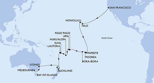 USA, Francouzská Polynésie, Americká Samoa, Samoa, Tonga, Fidži, Nový Zéland, Austrálie na lodi MSC Magnifica