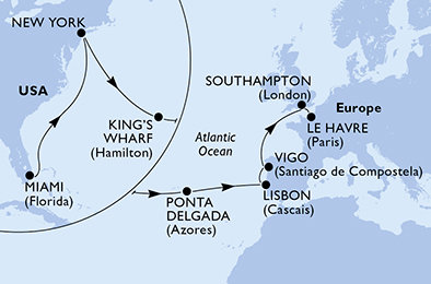 USA, USA - Východní pobřeží, Bermudy, Portugalsko, Španělsko, Velká Británie, Francie z Miami na lodi MSC Meraviglia