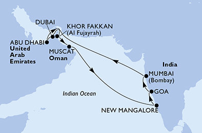 Spojené arabské emiráty, Omán, Indie z Dubaje na lodi MSC Lirica