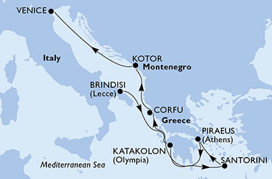 Itálie, Řecko, Černá Hora z Brindisi na lodi MSC Musica