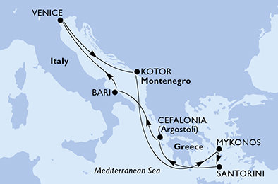 Itálie, Černá Hora, Řecko z Bari na lodi MSC Opera