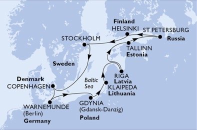 Německo, Polsko, Litva, Lotyšsko, Estonsko, Rusko, Finsko, Švédsko, Dánsko z Warnemünde na lodi MSC Poesia