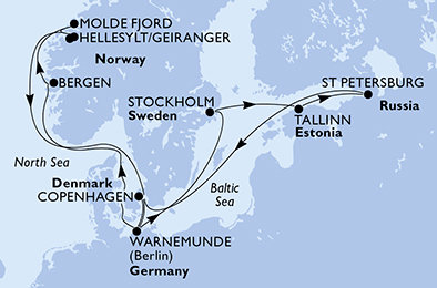 Německo, Norsko, Dánsko, Švédsko, Estonsko, Rusko z Warnemünde na lodi MSC Poesia