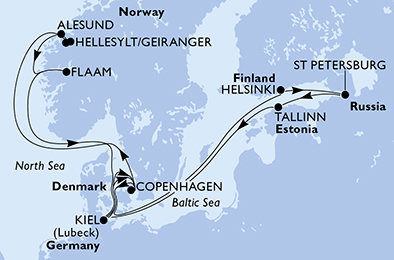 Německo, Dánsko, Norsko, Finsko, Rusko, Estonsko z Kielu na lodi MSC Meraviglia