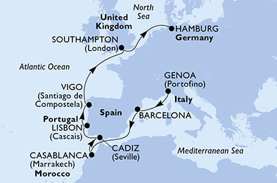 Itálie, Španělsko, Maroko, Portugalsko, Velká Británie, Německo z Janova na lodi MSC Splendida