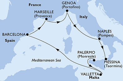 Itálie, Malta, Španělsko, Francie z Palerma na lodi MSC Grandiosa