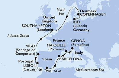 Německo, Dánsko, Velká Británie, Španělsko, Portugalsko, Francie, Itálie z Kielu na lodi MSC Splendida