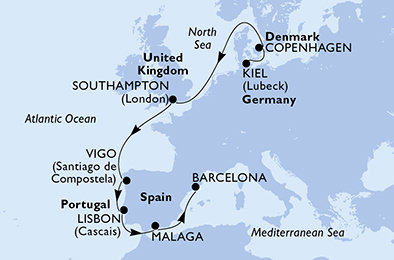 Německo, Dánsko, Velká Británie, Španělsko, Portugalsko z Kielu na lodi MSC Splendida