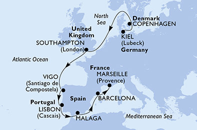 Německo, Dánsko, Velká Británie, Španělsko, Portugalsko, Francie z Kielu na lodi MSC Splendida