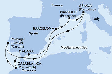 Francie, Itálie, Španělsko, Maroko, Portugalsko z Barcelony na lodi MSC Splendida